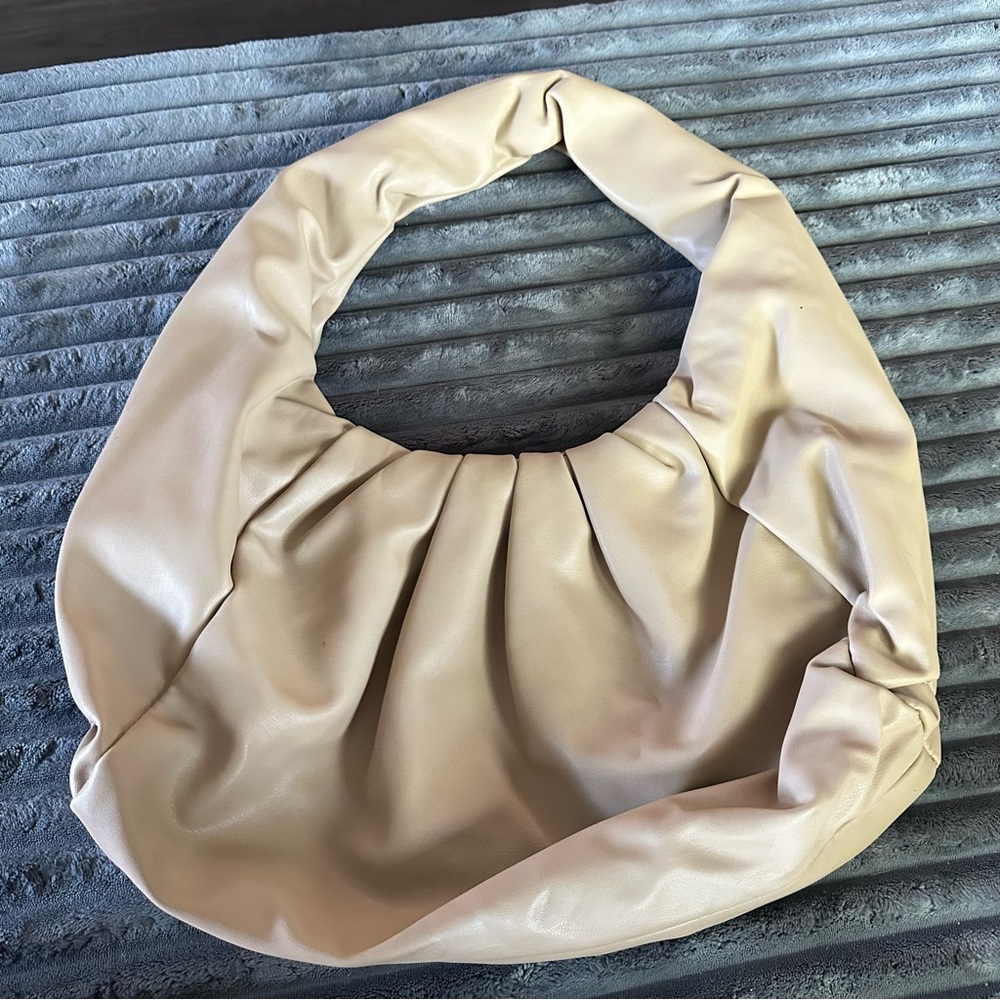 Beige Ruched Faux Leather Slouchy Hobo Bag